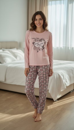 Pijamale dama bumbac - Pijama bumbac vatuit de Dama, Set cu Bluza si Pantaloni lungi corai 15447