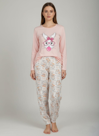Pijamale dama bumbac - Pijama bumbac de Dama, Set cu Bluza si Pantaloni lungi corai 15715