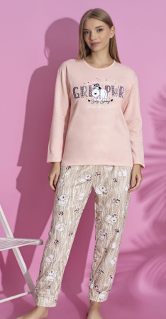 Pijamale dama - Pijama bumbac vatuit de Dama, Set cu Bluza si Pantaloni lungi corai 15443