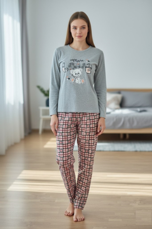 Pijamale dama - Pijama bumbac vatuit de Dama, Set cu Bluza si Pantaloni lungi albastru 15476