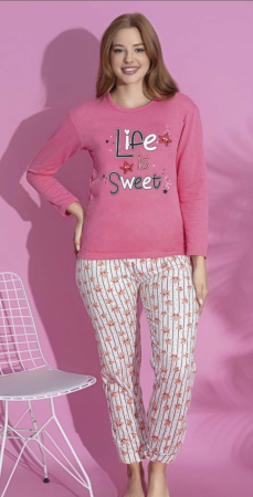 Pijamale dama bumbac - Pijama bumbac vatuit de Dama, Set cu Bluza si Pantaloni lungi roz 15410