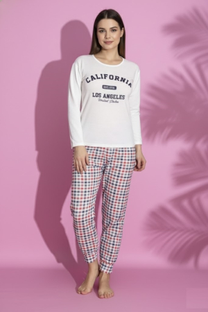 Pijamale dama - Pijama bumbac vatuit de Dama, Set cu Bluza si Pantaloni lungi alb 15463