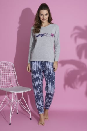 Pijamale - Pijama bumbac vatuit de Dama, Set cu Bluza si Pantaloni lungi gri 15427