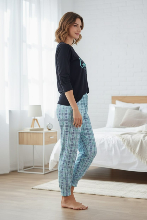 Pijama bumbac vatuit de Dama, Set cu Bluza si Pantaloni lungi negru 15475 [1]