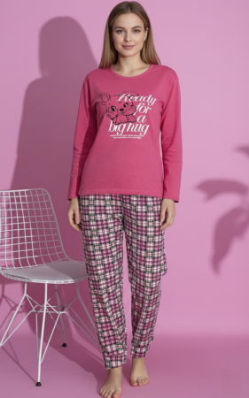 Pijamale dama bumbac - Pijama bumbac vatuit de Dama, Set cu Bluza si Pantaloni lungi roz 15429