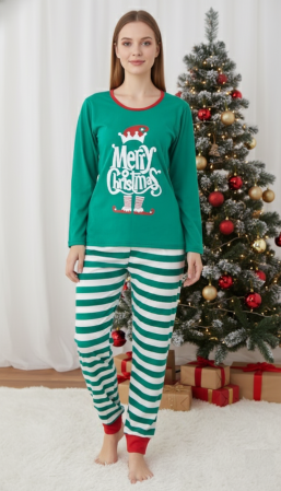Pijamale dama bumbac - Pijama bumbac Dama de Craciun, Set cu Bluza si Pantaloni lungi, verde 01015