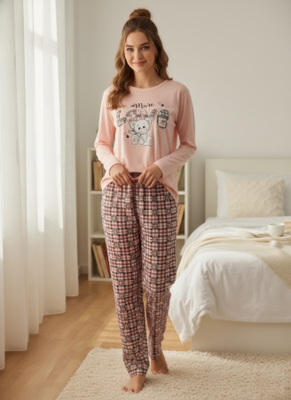 Pijamale dama - Pijama bumbac vatuit de Dama, Set cu Bluza si Pantaloni lungi corai 15476