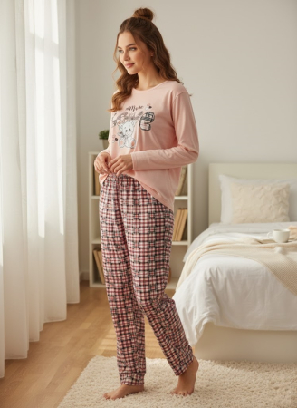 Pijama bumbac vatuit de Dama, Set cu Bluza si Pantaloni lungi corai 15476 [2]