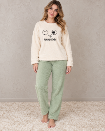 Pijamale cocolino dama - Pijama Cocolino Dama Pufoasa Funny Eyes, Bluza Crem si Pantaloni Verde Menta