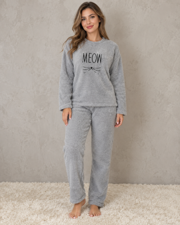 Pijamale cocolino dama - Pijama Cocolino Dama Gri Pufoasa MEOW, Bluza cu Maneca Lunga si Pantaloni Lungi