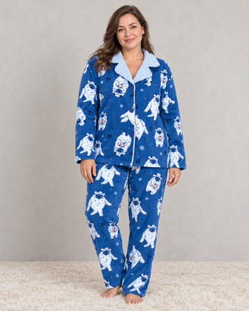 Pijamale de craciun cuplu - Pijama Dama Cocolino Groasa si Pufoasa, Marimi Mari, Albastra, Set 2 Piese