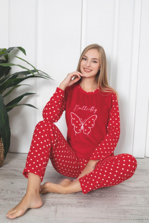 Pijamale cuplu - Pijama cocolino dama, imprimeu Butterfly, rosu 307