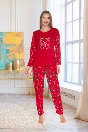 Pijamale cuplu - Pijama cocolino dama, imprimeu cadou Craciun, rosu 311