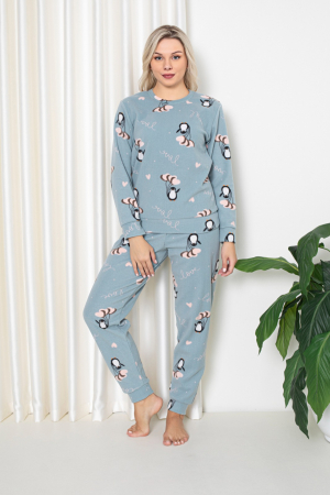 Pijamale cocolino dama - Pijama cocolino dama, imprimeu Craciun pinguini, albastru, embody.ro