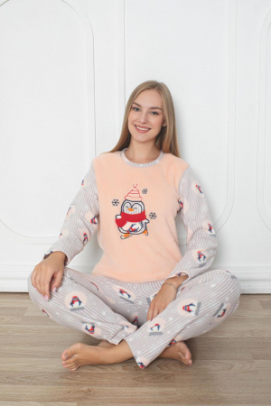 Pijamale cuplu - Pijama cocolino dama, imprimeu Craciun pinguin fericit, corai 304