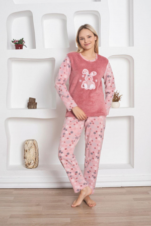 Pijamale cuplu - Pijama cocolino dama, imprimeu iepuras, corai 318