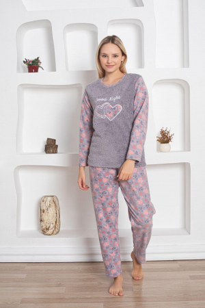 Pijamale de craciun cuplu - Pijama cocolino dama, imprimeu inimioare good night, gri 319