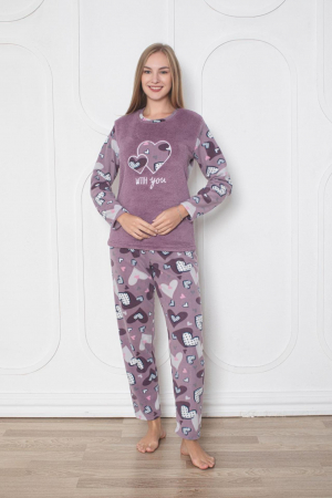 Pijamale cuplu - Pijama cocolino dama, imprimeu inimioare with you, mov 313