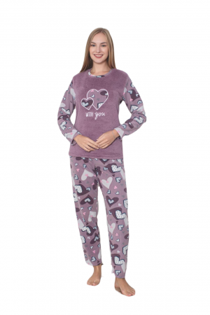 Pijama cocolino dama, imprimeu inimioare with you, mov 313 [2]