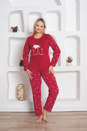 Pijamale dama - Pijama cocolino dama, imprimeu palm tree, rosu 316