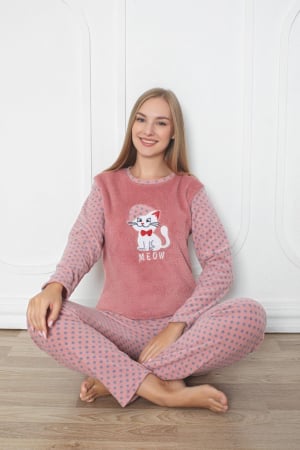 Pijamale cuplu - Pijama cocolino dama, imprimeu pisicuta meow, corai 302