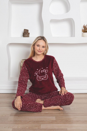 Pijamale cuplu - Pijama cocolino dama, imprimeu sleep, visiniu 317