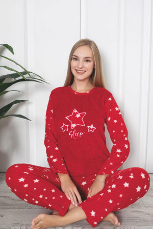 Pijamale cuplu - Pijama cocolino dama, imprimeu stelute sleep, rosu 305