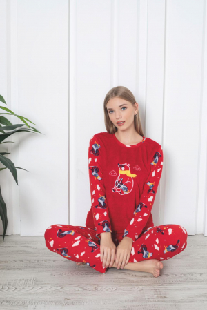 Pijamale cuplu - Pijama cocolino dama, imprimeu ursulet Craciun, rosu 315