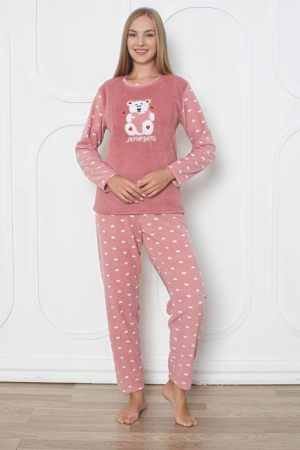 Pijamale cuplu - Pijama cocolino dama, imprimeu ursulet love you, corai 300