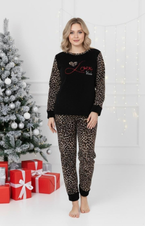 Pijamale dama - Pijama cocolino dama polar, pufoasa si calduroasa, negru 7181 cadou Craciun