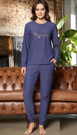 Pijamale cocolino dama - Pijama Dama Confortabila Catifea raiata Albastru Indigo 7803
