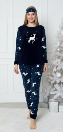 Pijamale cocolino dama - Pijama cocolino dama polar, pufoasa si calduroasa, bleumarin 02170 cadou Craciun