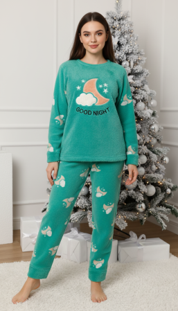 Pijamale dama - Pijama cocolino dama polar, pufoasa si calduroasa, verde 20520 cadou craciun
