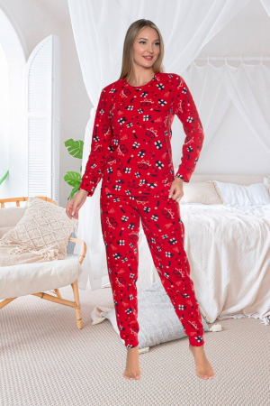 Pijamale cuplu - Pijama cocolino dama, soft polar, imprimeu Cadou de Craciun, rosu 510