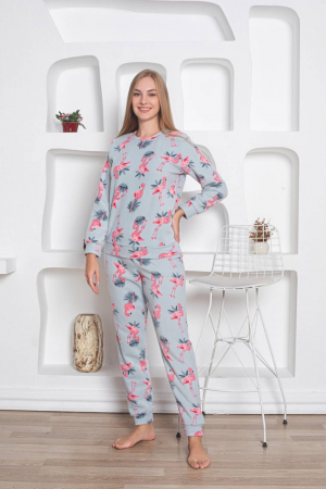 Pijamale cuplu - Pijama cocolino dama, soft polar, imprimeu Flamingo, vernil 520