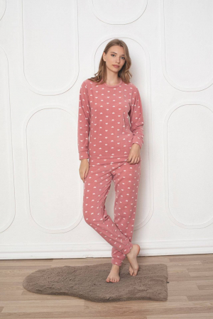 Pijamale de craciun cuplu - Pijama cocolino dama, soft polar, imprimeu inimioare, corai 502