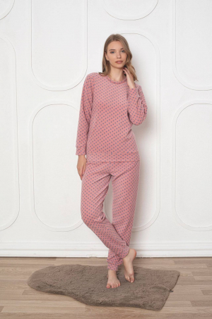 Pijamale cuplu - Pijama cocolino dama, soft polar, imprimeu modern, corai 501