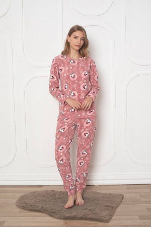 Pijamale cuplu - Pijama cocolino dama, soft polar, imprimeu pinguini de Craciun, corai 500