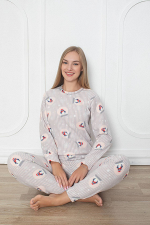 Pijamale cuplu - Pijama cocolino dama, soft polar, imprimeu pinguini, gri 504