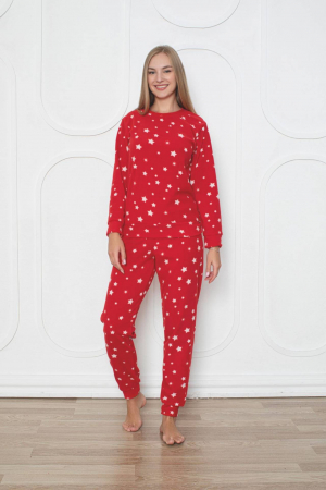 Pijamale cuplu - Pijama cocolino dama, soft polar, imprimeu stelute Craciun, rosu 507