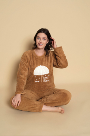 Pijamale - Pijama cocolino dama polar, pufoasa si calduroasa, maro 477