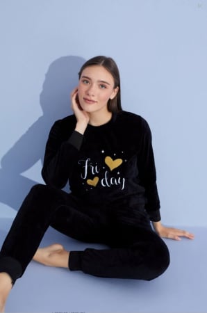 Pijamale dama - Pijama cocolino dama ultra soft polar, imprimeu  Friday negru, 90607