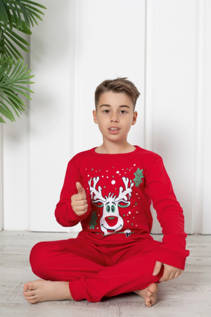 Pijama copii, imprimeu Craciun-Ren fericit, din bumbac, rosu, rosu, embody.ro [1]