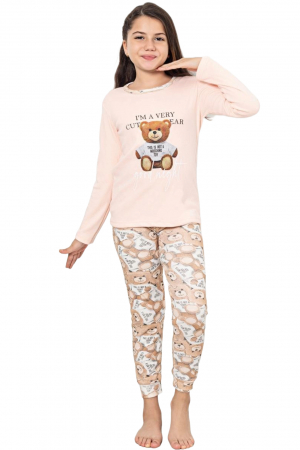 Pijama fete, din material bumbac, maneci si pantaloni lungi, imprimeu ursulet, corai, embody.ro [3]
