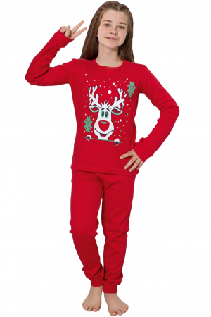 Pijama copii, imprimeu Craciun-Ren fericit, din bumbac, rosu, rosu, embody.ro [3]