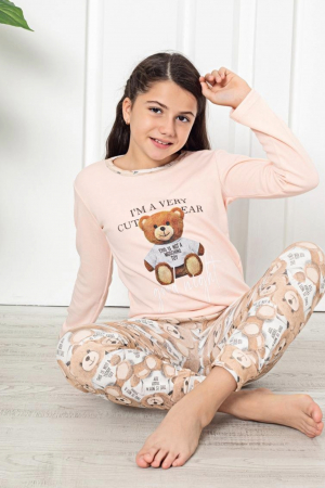 Pijama fete, din material bumbac, maneci si pantaloni lungi, imprimeu ursulet, corai, embody.ro [1]