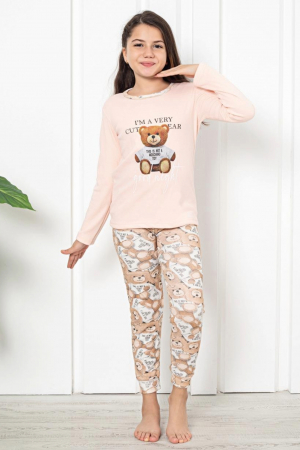 Pijamale copii - Pijama fete, din material bumbac, maneci si pantaloni lungi, imprimeu ursulet, corai, embody.ro