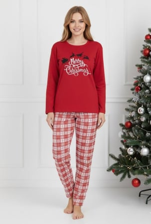 Pijamale dama - Pijama Craciun bumbac vatuit Dama, Bluza si Pantaloni lung, rosu 16397