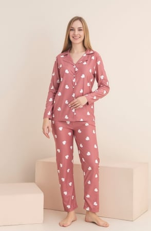 Pijamale dama bumbac - Pijama cu nasturi dama roz prafuit cu inimioare 5011