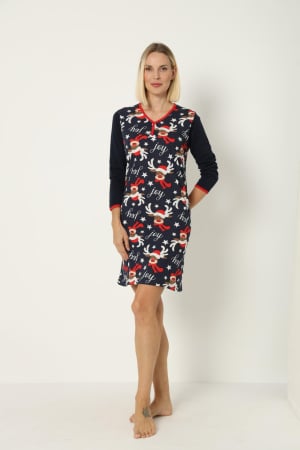 Camasa de noapte dama Craciun, imprimeu reni, bleumarin [3]